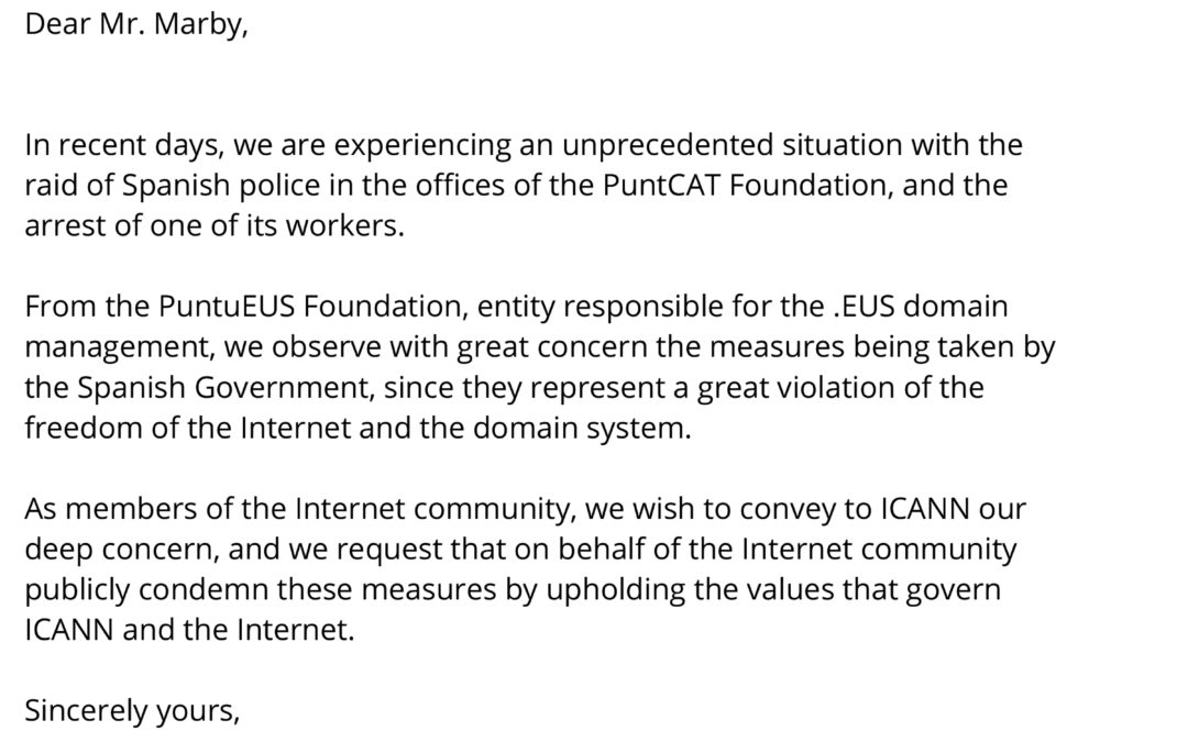 Carta a ICANN en relación a la situación de puntCAT