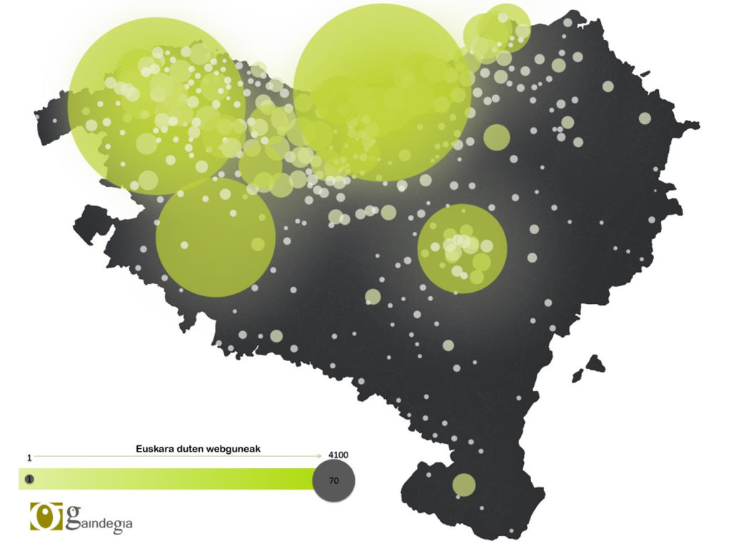 Mapa que muestra la densidad de los dominios con contenido en euskera en el País Vasco en el 2017