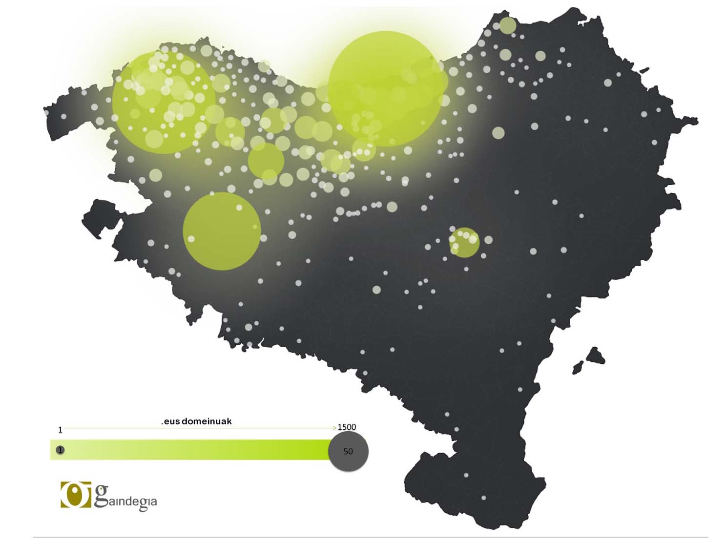 Map that displays the density of .EUS domains in the Basque Country in 2017